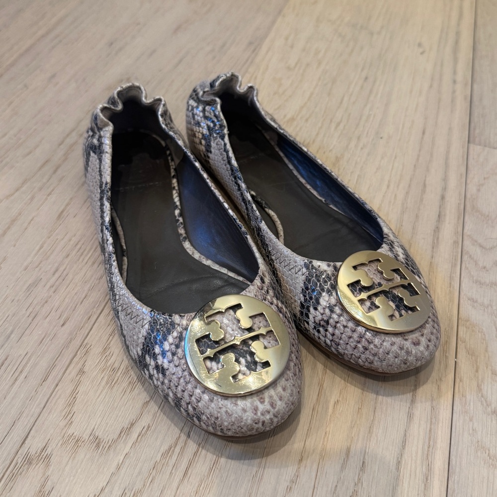 Tory Burch Snakeskin Flats with Gold Emblem